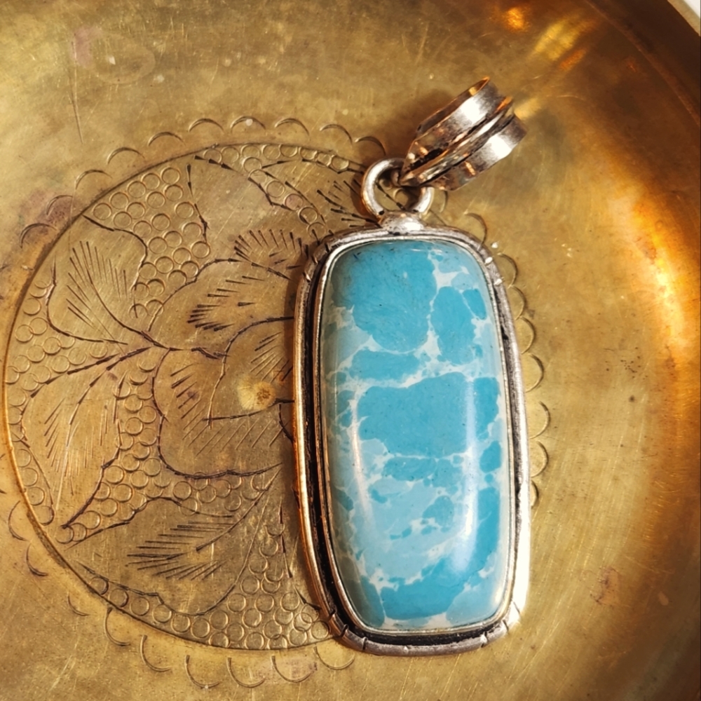 Chunky,Lt Blu/White, Long Rectangular Shaped Pendant.Handmde 925 Sterling Plated